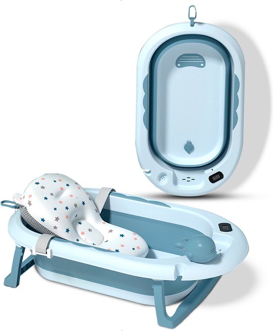 Babybadje 3 in 1 opvouwbaar - Inclusief badkussen - Thermometer ingebouwd - model 2023 - Blauw