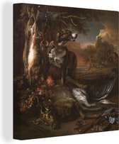 Canvas Schilderij Een Deerhond met dood wild en werktuigen van de jacht - Jan Weenix - 20x20 cm - Wanddecoratie