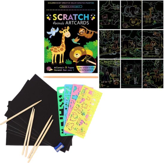 Scratch Art Kinderen 39-in-1 Set - Dieren | Meerdere Varianten | 9 thema kaarten + 20 blanco kaarten + tools | Magic Kras Tekeningen Kraskaarten Krasfolie Kraskaart | Knutselen Tekenen | Painting Schilderen op Nummer Diamond Painting
