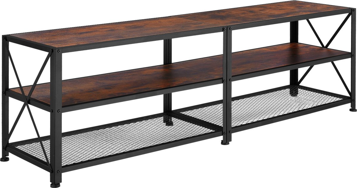 Tectake TV-meubel met open planken - 3 niveaus - Lowboard voor TV's tot 70 inch - Houten TV-dressoir - Industrieel design - Zwart metalen frame - Afmeting (LxBxH) 161 x 41,5 x 50,5 cm - Donkerbruin
