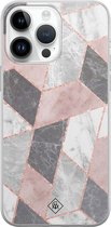 Casimoda® hoesje - Geschikt voor iPhone 14 Pro Max - Stone grid marmer / Abstract marble - Siliconen/TPU telefoonhoesje - Backcover - Geometrisch patroon - Roze