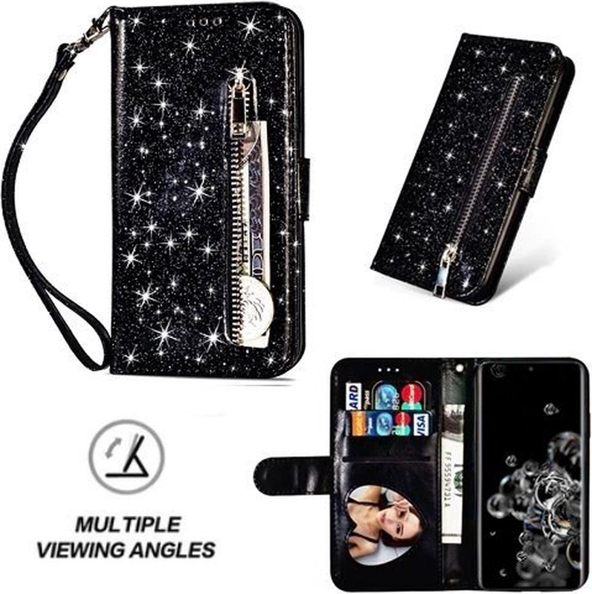 Samsung S20 Ultra Glitter Hoesje Met Pasjeshouder Bookcase Zwart