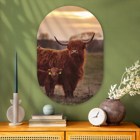 Wall Oval - Décoration murale en plastique - Peinture ovale - Highlander écossais - Animaux - Paysage - Coucher de soleil - 60x90 cm - Forme miroir ovale sur plastique