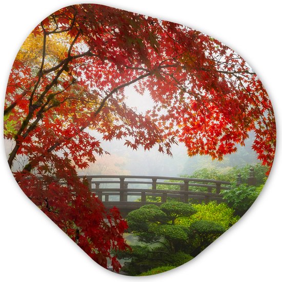 Organische Wanddecoratie - Kunststof Muurdecoratie- Organisch Schilderij - Japanse esdoorn - Bomen - Brug - Natuur - Japans- 60x60 cm - Organische spiegel vorm op kunststof