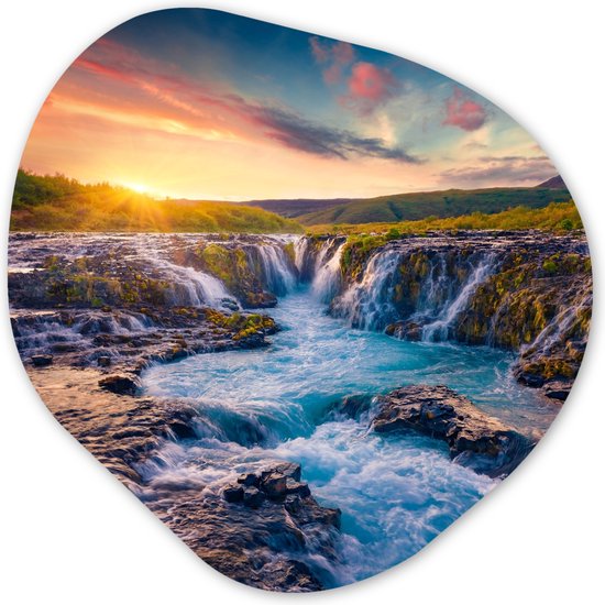 Décoration murale Organique - Décoration Décoration murale Plastique - Peinture Organique - Cascade - Plantes - Mousse - Paysage - Coucher de soleil - Rocher - 40x40 cm - Forme miroir asymétrique sur plastique