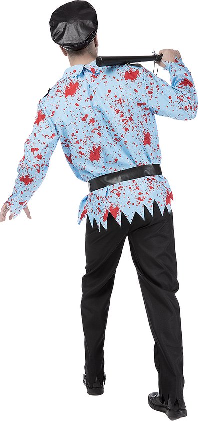 Zombie politieagent kostuum met lichtblauwe blouse met rode bloedvlekken, zwarte broek en zwarte pet.