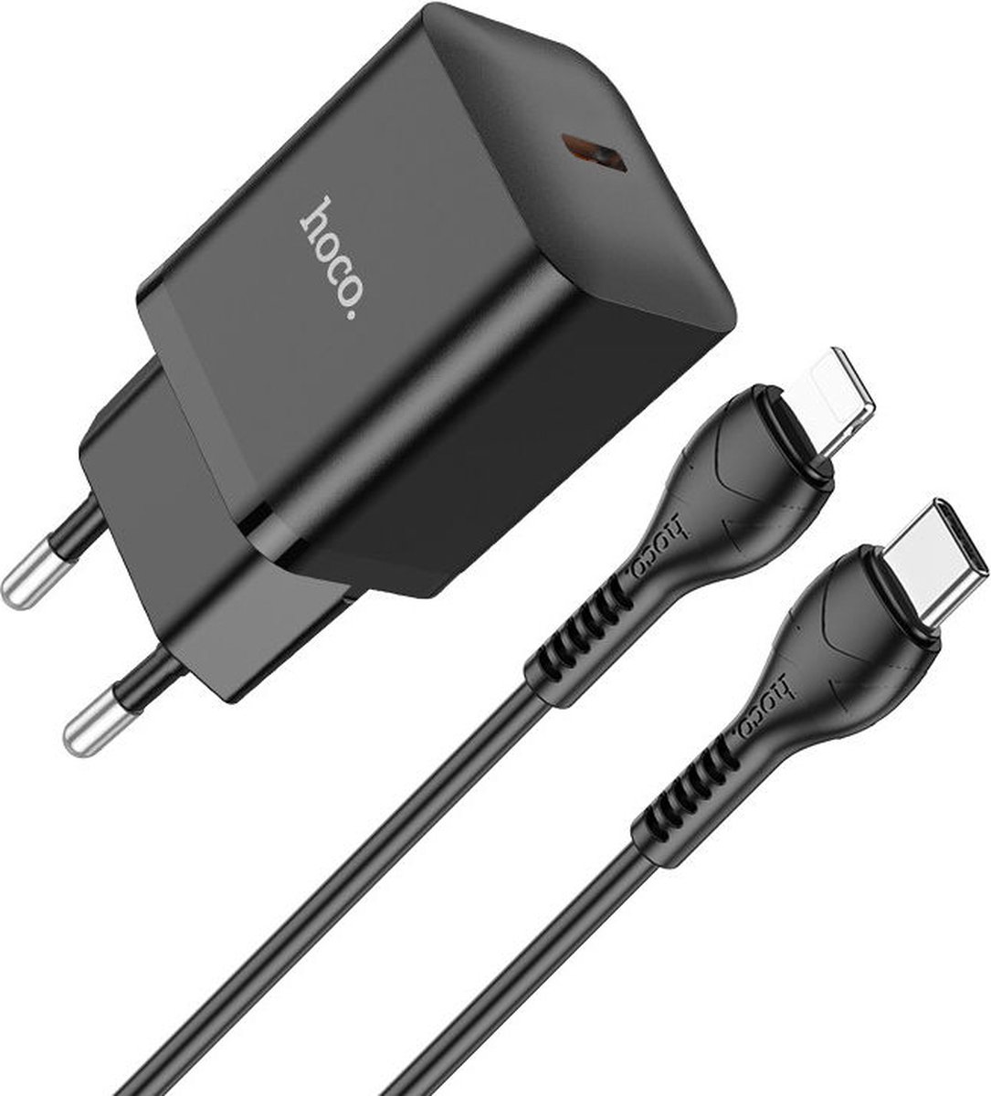 Hoco 20W Power Delivery USB-C Snellader - Geschikt voor iPhone 14, 13, 12, 11 - Lightning Kabel 1M - Zwart