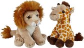 Ravensden - Safari dieren knuffels - 2x stuks - Giraffe en Leeuw - 15 cm