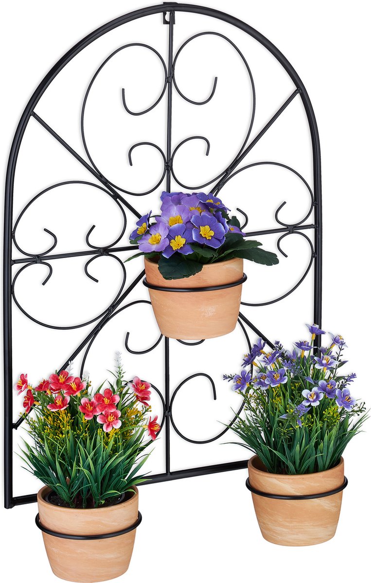 Relaxdays flower pot holder, set of 4, balcony, metal, HxWxD: 21x20x26 cm, plant holder, flower pot hanger, fence, black