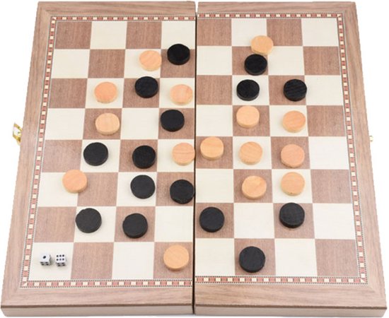 Thumbnail van een extra afbeelding van het spel 3-in-1 Bordspel - 39 cm - Schaakbord - Dambord - Backgammon - Schaakspel - Schaakset - Schaken - Dammen - Met Schaakstukken - Chess - Hout - Opklapbaar