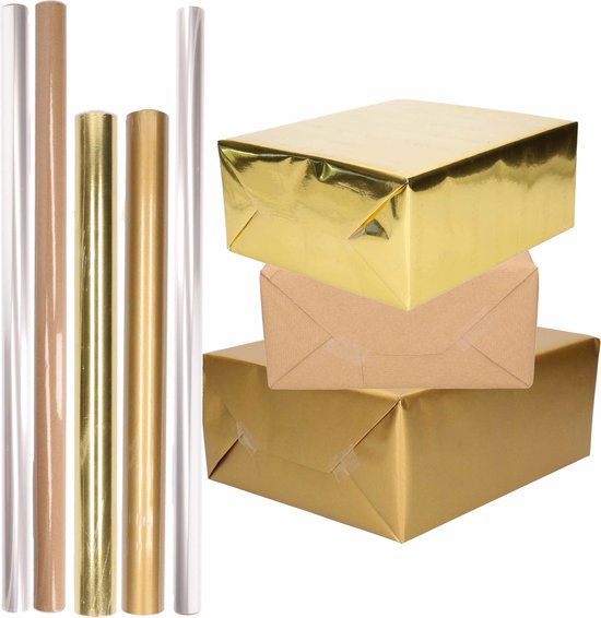 8x Rollen kraft inpakpapier goud/transparant pakket - goud/cellofaan/bruin  500 x 70 cm... | bol.com
