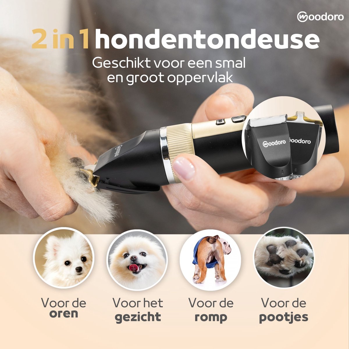 Woodoro Professionele 2-in-1 Hondentondeuse voor Dikke Vacht – Draadloze Honden Tondeuse & Hondentrimmer – Stille Tondeuse Katten & Honden Trimset - Incl. Videohandleiding thumbnail 6