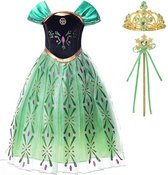 Frozen prinsessenjurk meisje - Anna groene verkleedjurk - Het Betere Merk - Prinsessen speelgoed - maat 122/128 - Verkleedkleren Meisje- Tiara - Kroon - Toverstaf prinses