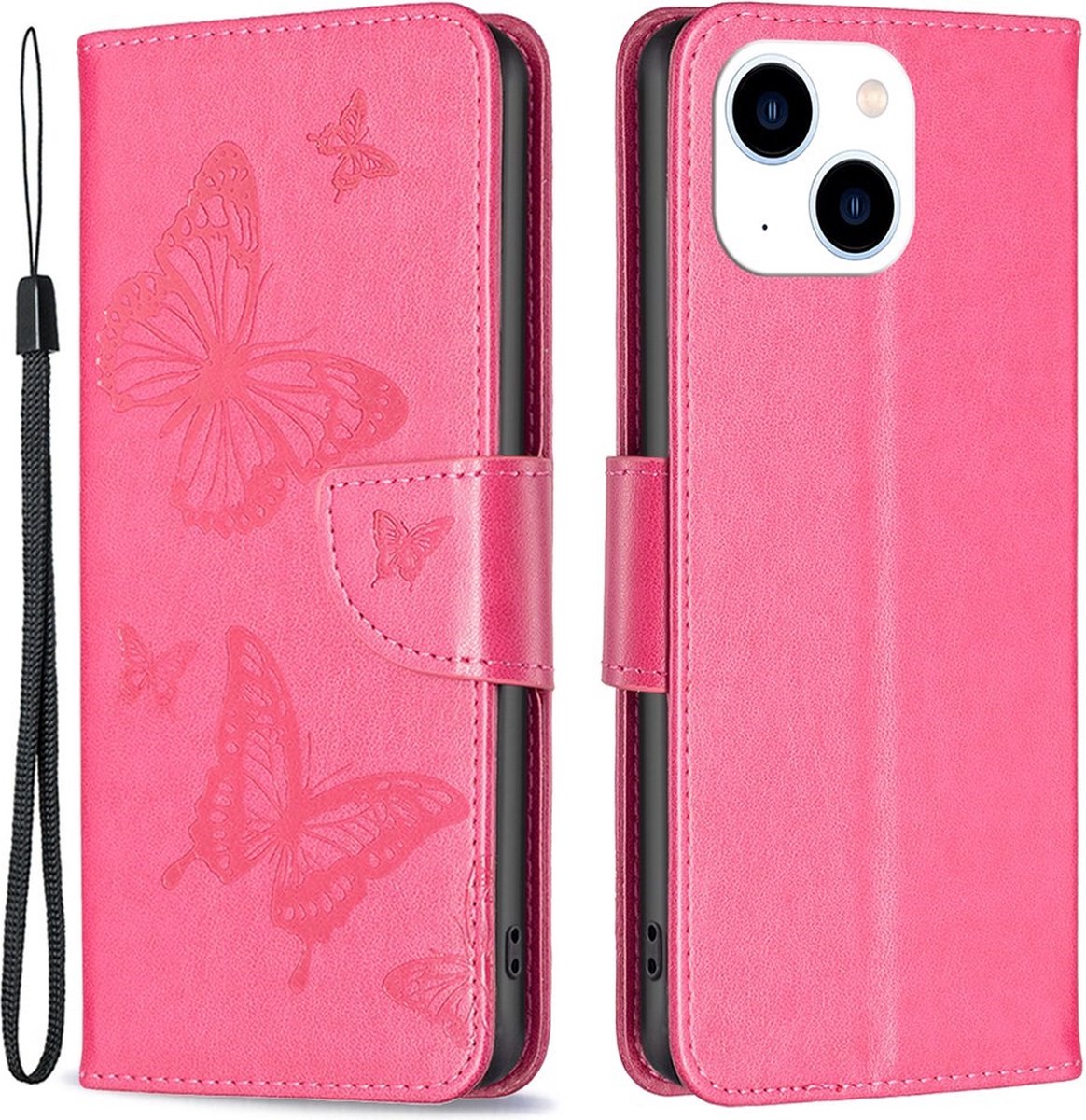 Geschikt voor iPhone 14 wallet portemonnee hoesje - Roze Vlinders
