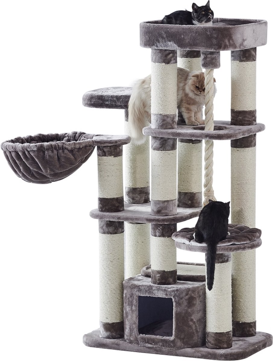 Nobby Krabmeubel Fredo – Krabpaal – Huisje – XXL – Touw – Hangmat – Creme – Bruin – Grote Kat – Zware Kat – Maine Coon – 85 X 50 X 158 CM