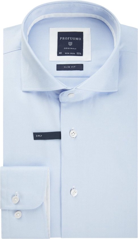 Profuomo slim fit overhemd - 2-ply twill - lichtblauw (contrast) - Strijkvrij - Boordmaat: 43