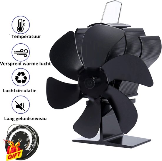 Stille 6-bladige kachelventilator met thermometer voor houtkachels - verhoogd efficiëntie
