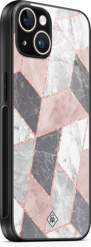 Coque iPhone 14 en verre - Stone grid marble / Abstract marble - Rose - Hard Case Zwart - Coque arrière pour téléphone - Motif géométrique - Casimoda