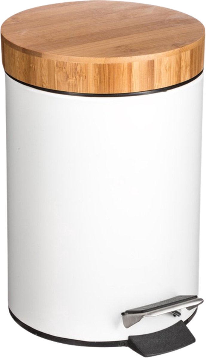 Borvat® | Stijlvolle prullenbak met bamboe deksel | wit | hout | Klein formaat | 3L | badkamer | wc | keuken | kantoor | horeca prullenbak
