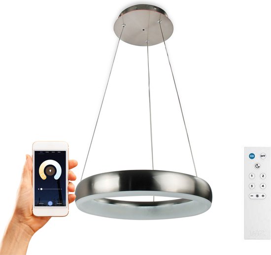 Smart LED Hanglamp rond 60 cm - Bedienbaar met afstandsbediening en app - White & Color - Zilver