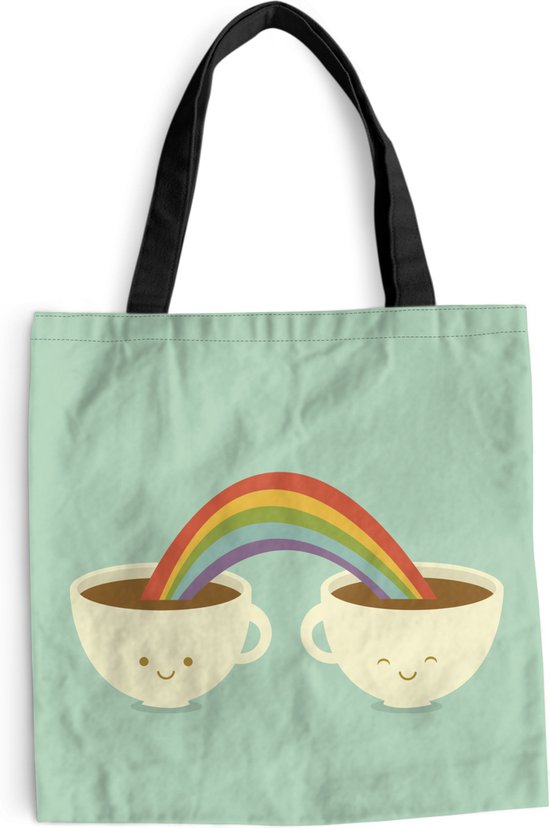 MuchoWow® Schoudertas - Strandtas - Big Shopper - Boodschappentas - Een illustratie van een regenboog boven twee kopjes koffie - 45x45 cm - Katoenen tas