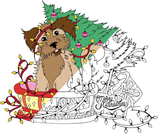 Een bruine puppy in een slee met kerstverlichting, voor een kerstboom. 'Merry Christmas' banner.