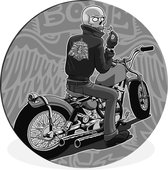 WallCircle - Wandcirkel - Muurcirkel - Een illustratie van een motorrijder op een rode bobber - zwart wit - Aluminium - Dibond - ⌀ 90 cm - Binnen en Buiten
