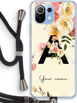 Gepersonaliseerd - Case Company® - Hoesje met koord geschikt voor Xiaomi Mi 11 Lite hoesje met Koord - Flirty Flowers Monogram - Telefoonhoesje met Zwart Koord - Bescherming aan alle Kanten en Over de Schermrand