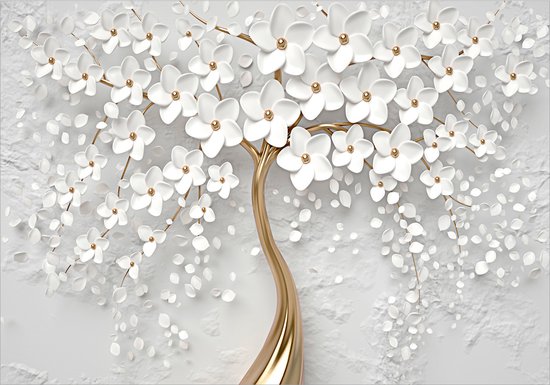 Arbre doré avec des fleurs blanches et des détails dorés sur un fond blanc texturé.
