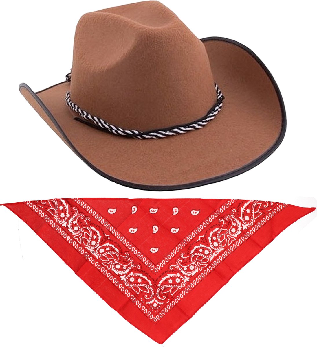 Funny Fashion - Carnaval verkleed set cowboyhoed bruin met rode hals zakdoek