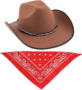 Funny Fashion - Costume de carnaval ensemble chapeau de cowboy marron avec mouchoir de cou rouge