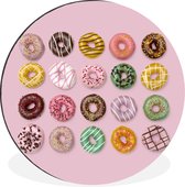 WallCircle - Wandcirkel - Muurcirkel - Kleurrijke donuts op roze achtergrond - Aluminium - Dibond - ⌀ 60 cm - Binnen en Buiten