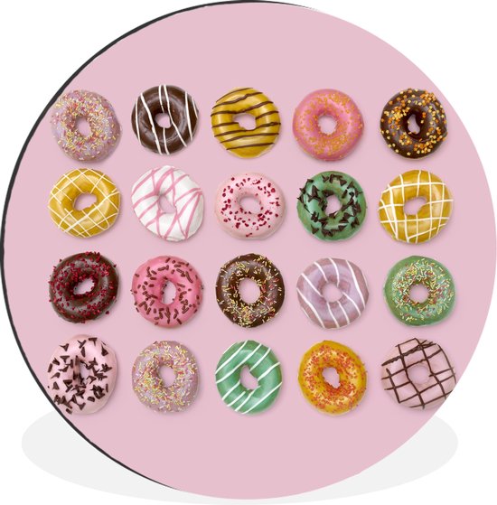 Wandcirkel Donuts aluminium - Kleurrijke donuts op roze achtergrond - ⌀ - op aluminium