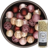 Decoris Kerstballen - 37x stuks - 6 cm - roze/donkerrood/champagne - incl. kralenslinger - kunststof