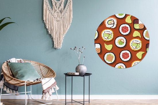 WallCircle - Wall Circle - Wall Circle - Illustration Sushi sur Fond Marron - Aluminium - Dibond - 90x90 cm - Intérieur et Extérieur