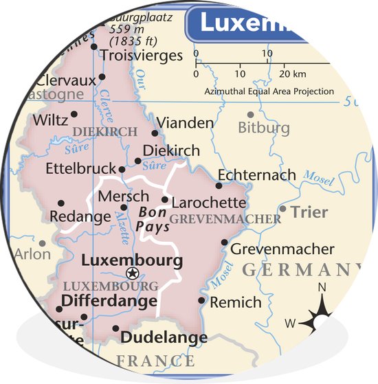 WallCircle - Wandcirkel - Muurcirkel - Illustratie van een kaart van Luxemburg met een blauw kader - Aluminium - Dibond - ⌀ 30 cm - Binnen en Buiten