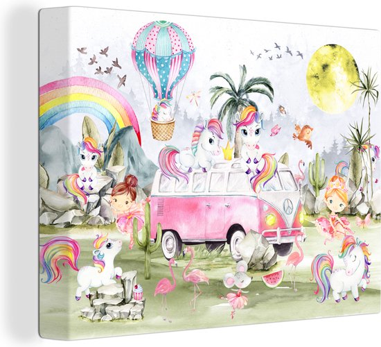 Canvas - Kinderkamer - Unicorn - Eenhoorn - Roze - Auto - Ballon - Canvas schilderij - Canvasdoek - 120x90 cm
