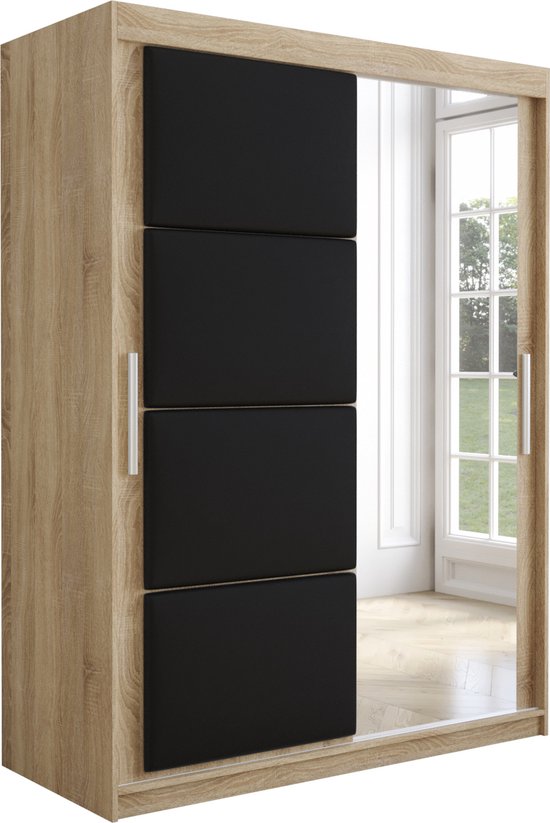 InspireMe - Kledingkast met 2 schuifdeuren, Modern-stijl, Kledingkast met planken, Kastfronten met spiegel en gestoffeerde panelen (BxHxD): 150x200x62 - TAPILA 150 - Sonoma Eik + Zwart met 2 lades