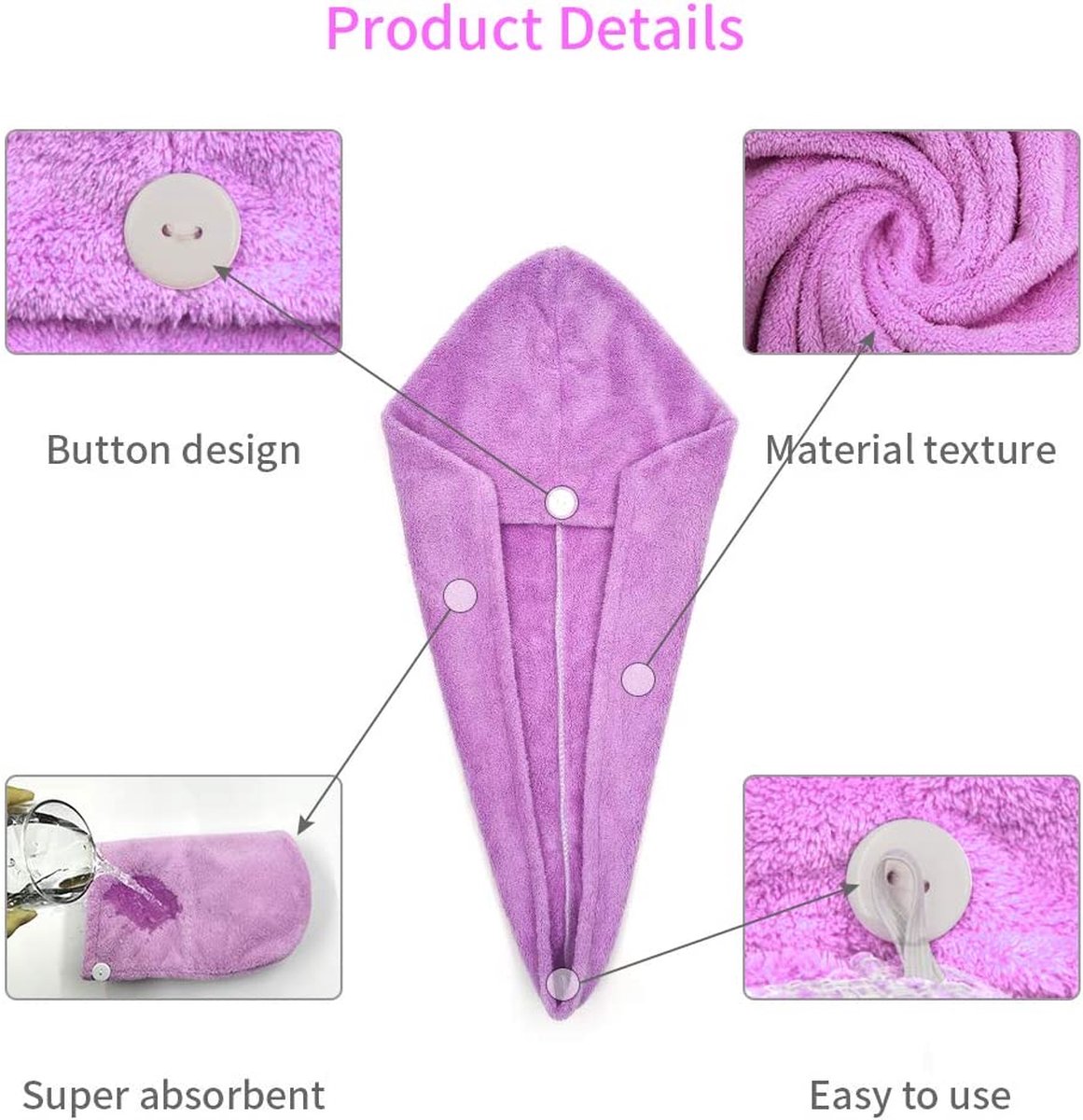Tulband van microvezel voor het haar, 3 stuks, super absorberend, magische badhanddoeken, beschermt haar, wrap met knopen, sneldrogend, haardoek voor vrouwen, roze, paars, blauw