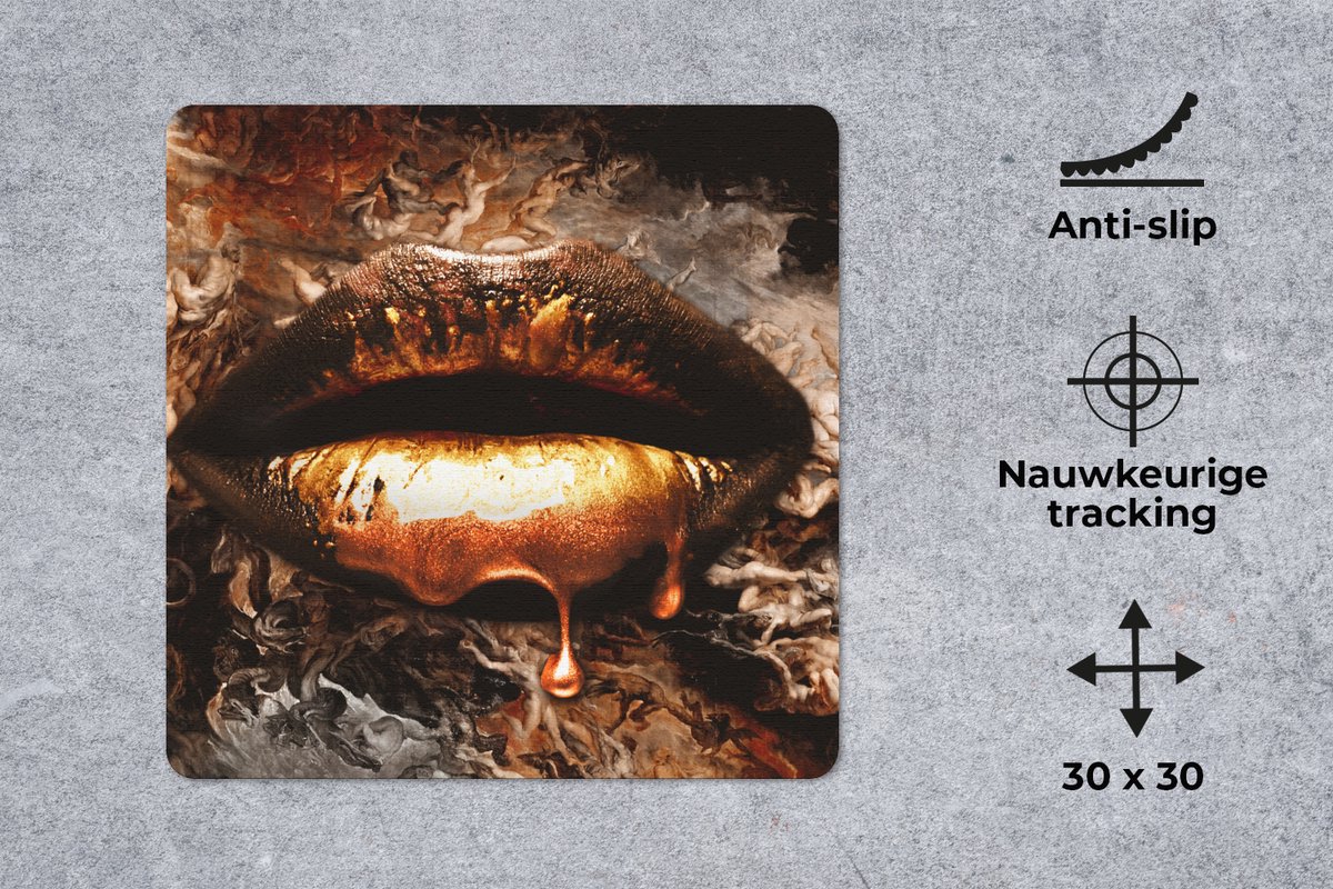 Muismat 30x30 cm - Mousepad Goud - Lippen - Kunst - Goud - Luxe - Abstract - Muismatten