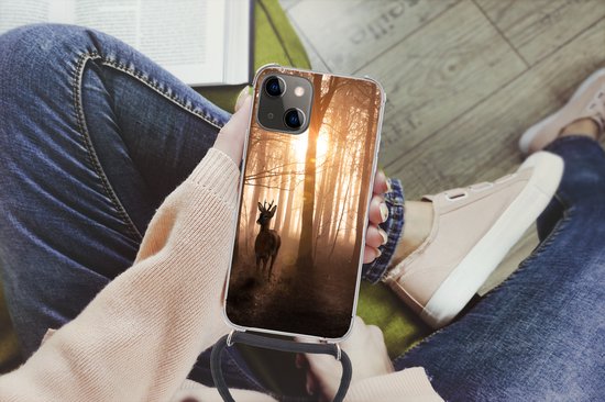 Coque avec cordon iPhone 13 Mini - Forêt - Cerf - Soleil - Arbres - Hiver - Nature - Animaux - Siliconen - Bandoulière - Coque arrière avec cordon - Coque pour téléphone avec cordon - Coque avec corde