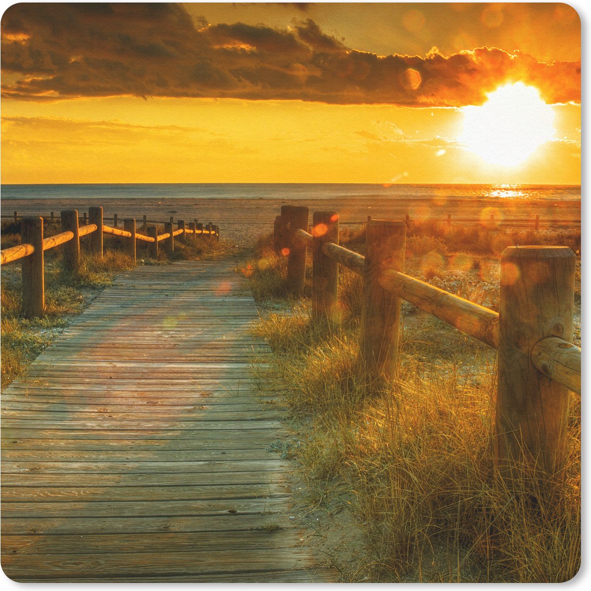 Muismat 30x30 cm - Mousepad Zon - Strand - Duin - Horizon - Gras - Pad - Oranje - Muismatten