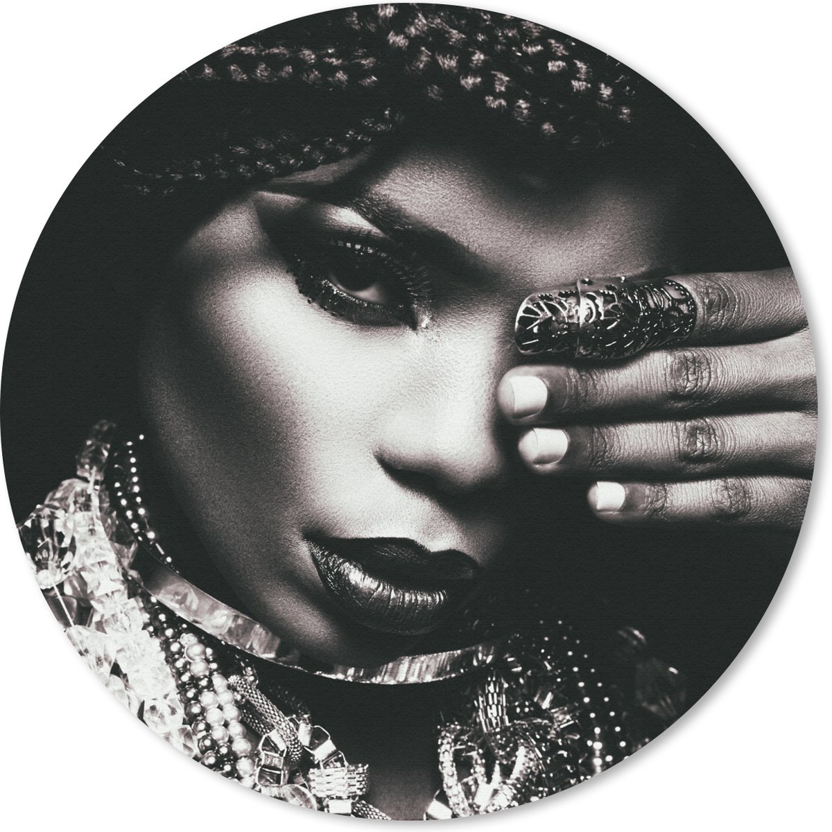 Muismat rond 50x50 cm - Mousepad Vrouw - Sieraden - Ring - Make up - Zwart - Wit - Ketting - Ronde muismatten