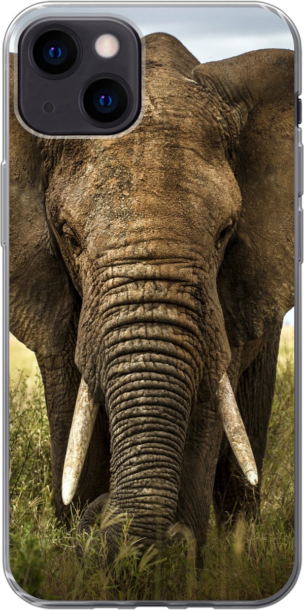 Telefoonhoesje Geschikt voor iPhone 13 hoesje - Olifant - Natuur - Gras - Dieren - Landschap - Siliconen Telefoonhoesje Telefoonhoesje