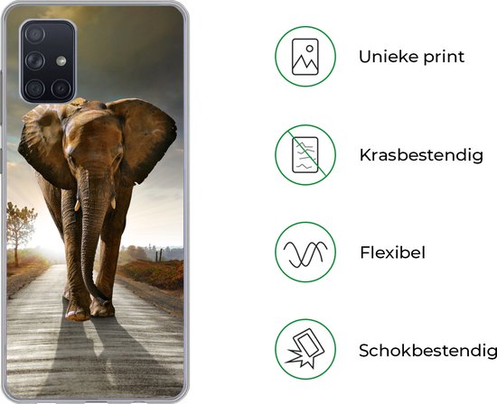 Coque Samsung Galaxy A51 - Éléphant - Route - Animaux - Coucher de soleil - Paysage - Coque de téléphone en Siliconen