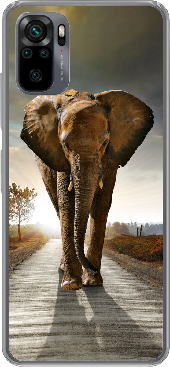 Telefoonhoesje Geschikt voor Xiaomi Geschikt voor Redmi Note 10S hoesje - Olifant - Weg - Dieren - Zonsondergang - Landschap - Siliconen Telefoonhoesje Telefoonhoesje