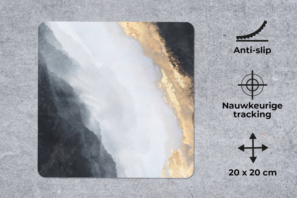 Muismat 20x20 cm - Mousepad Abstract - Verf - Goud - Zwart - Marmer print - Muismatten