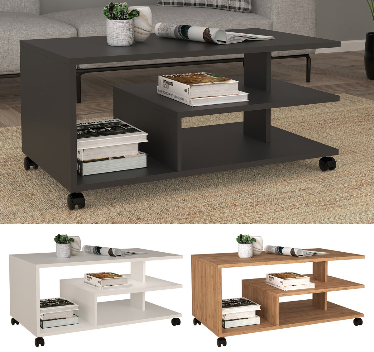 WOLTU Bijzettafel, Salontafel met 2 legplanken 1 zijvak, Sofatafel met opbergruimte, woonkamertafel C-vorm, op wielen, voor bed bank, van houtwerkstof metaal, 50x62x35 cm, zwart, BTS04sz