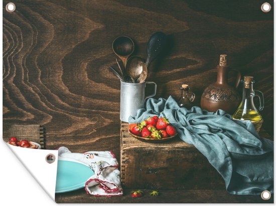 Tableau jardin Rustique - Fruits - Ustensiles de cuisine - Fraise - 80x60 cm - Affiche jardin - Toile jardin - Affiche extérieur