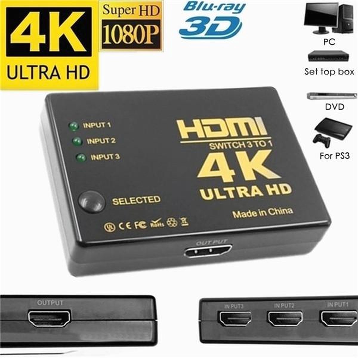 3 in 1 HD-uitgang HDMI Switch Splitter TV Switcher Box Video Audio Adapter voor HDTV PC